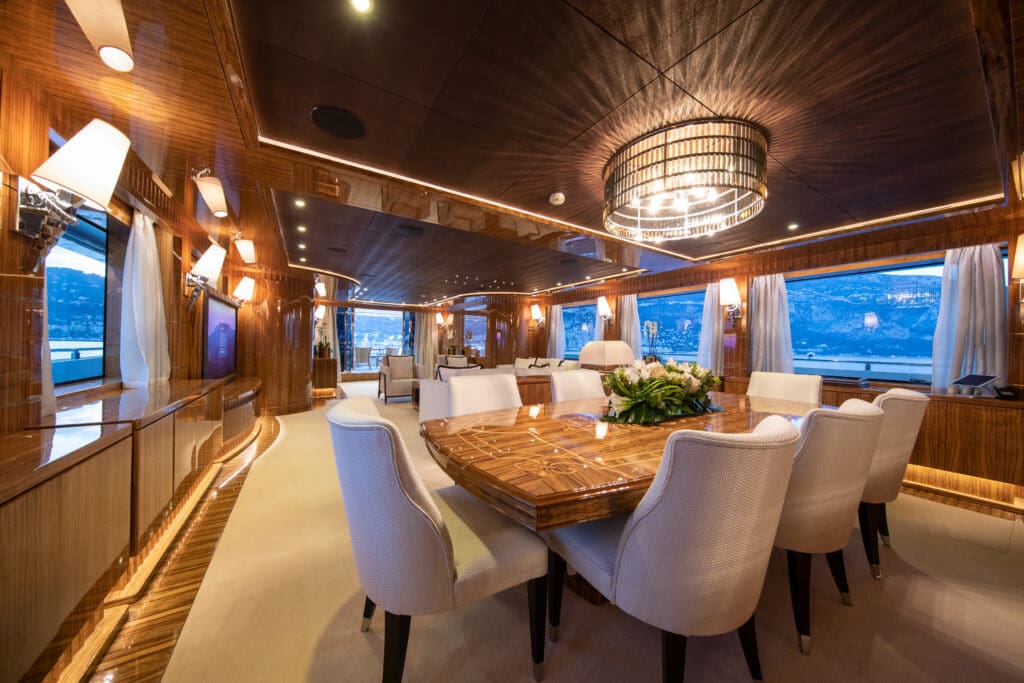 Elegant dining room on a luxury yacht.