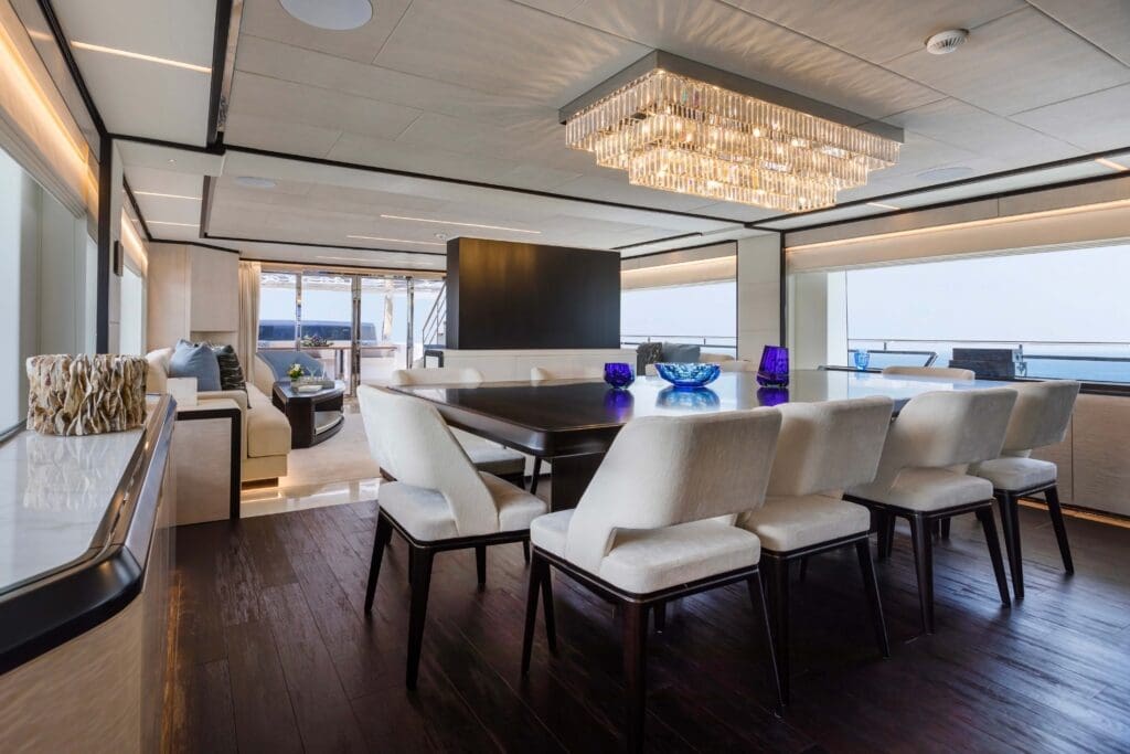 Elegant dining room on a luxury yacht.